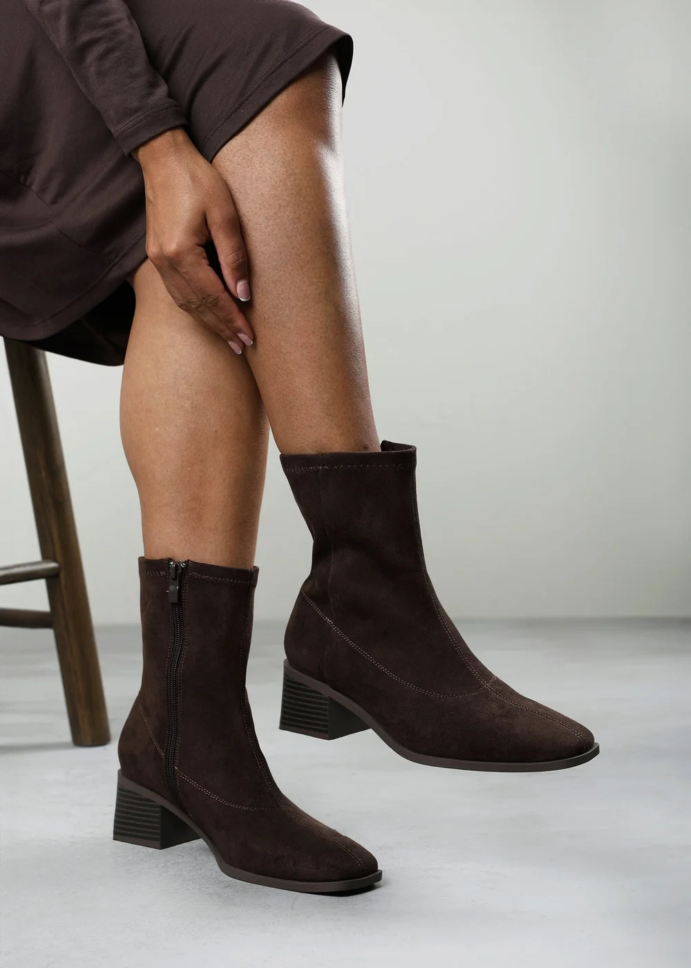 Where's That From Fioren Dark Brown Faux Suede Square Low Block Heel Stretch Ankle Sock Boot - 6 Image 6