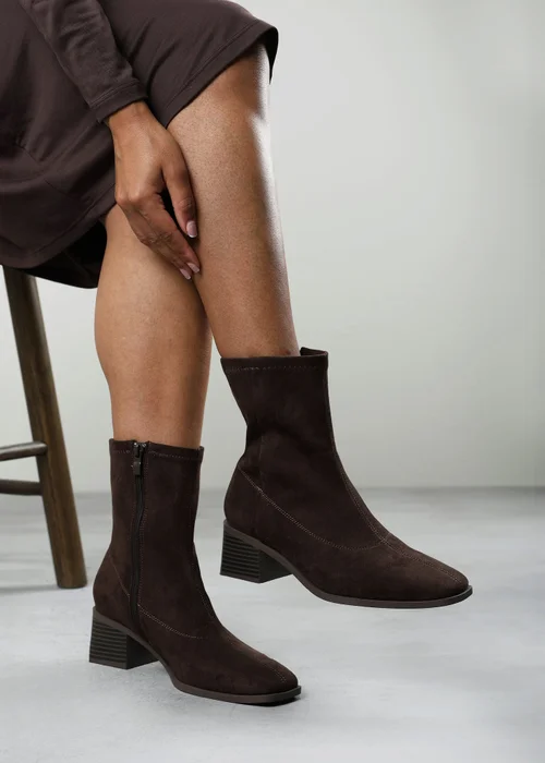 Where's That From Fioren Dark Brown Faux Suede Square Low Block Heel Stretch Ankle Sock Boot - 6 Image 6