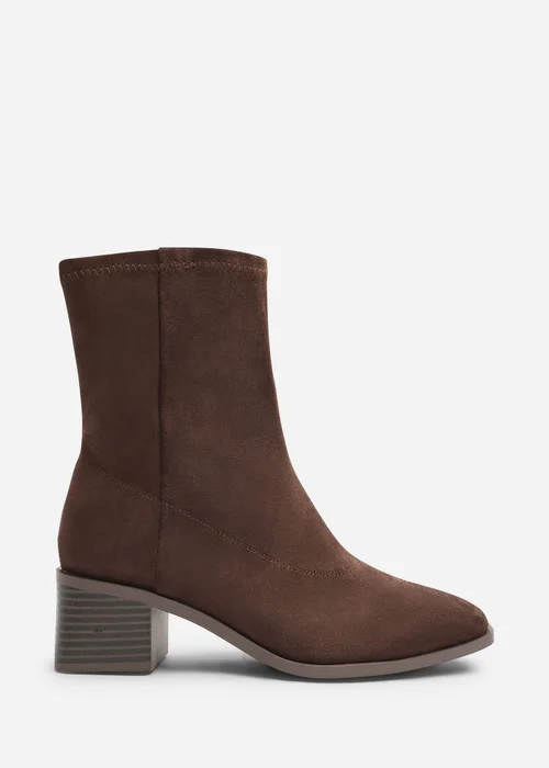 Where's That From Fioren Dark Brown Faux Suede Square Low Block Heel Stretch Ankle Sock Boot - 6 Image 1