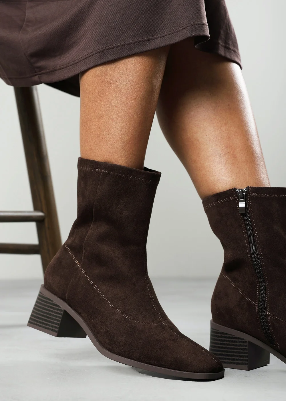 Where's That From Fioren Dark Brown Faux Suede Square Low Block Heel Stretch Ankle Sock Boot - 6 Image 2