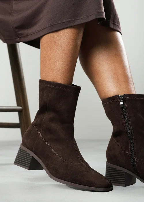 Where's That From Fioren Dark Brown Faux Suede Square Low Block Heel Stretch Ankle Sock Boot - 6 Image 2
