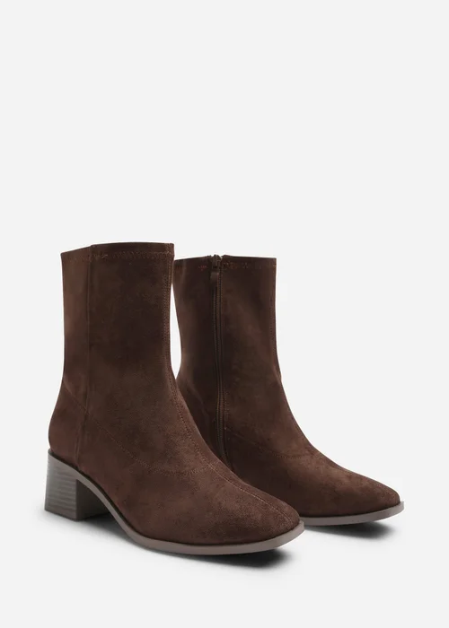 Where's That From Fioren Dark Brown Faux Suede Square Low Block Heel Stretch Ankle Sock Boot - 6 Image 4