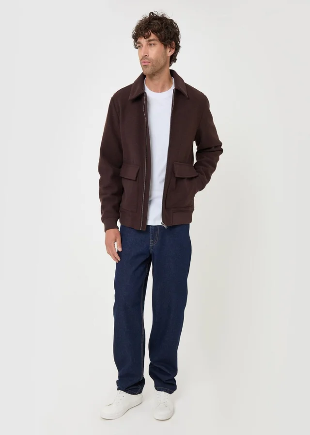 Threadbare Faux Wool Collared Lightweight Jacket in Chocolate Brown