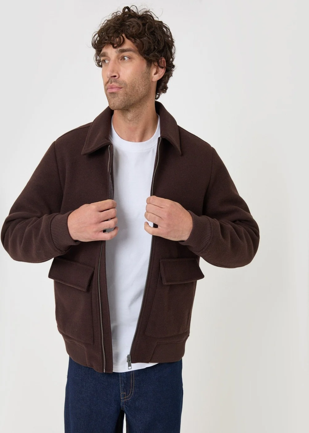 Threadbare Faux Wool Collared Lightweight Jacket in Chocolate Brown - S Image 5