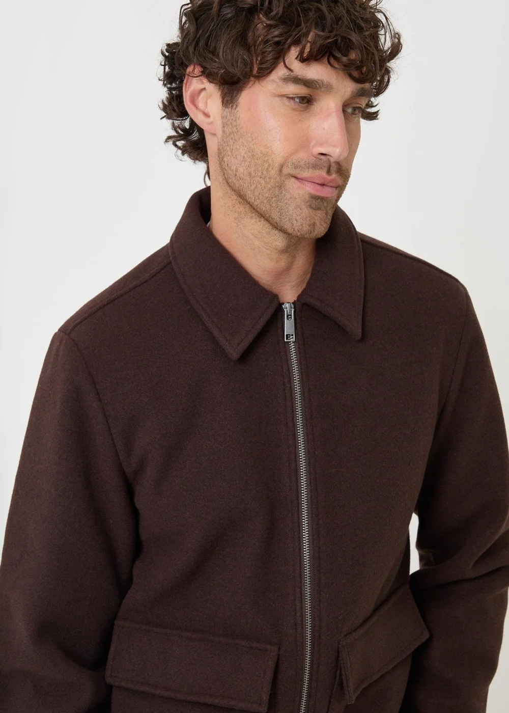 Threadbare Faux Wool Collared Lightweight Jacket in Chocolate Brown - S Image 3