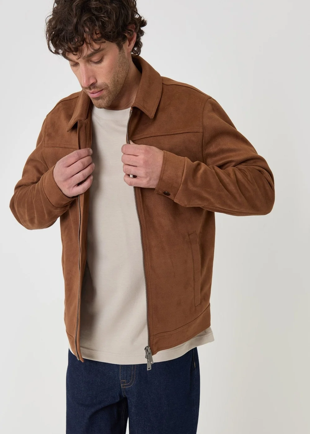 Threadbare Faux Suede Collared Jacket in Taupe - M Image 4