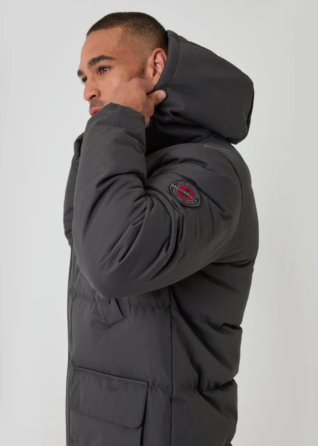 Threadbare Showerproof Hooded Puffer Coat with Adjustable Waist in Slate Grey
