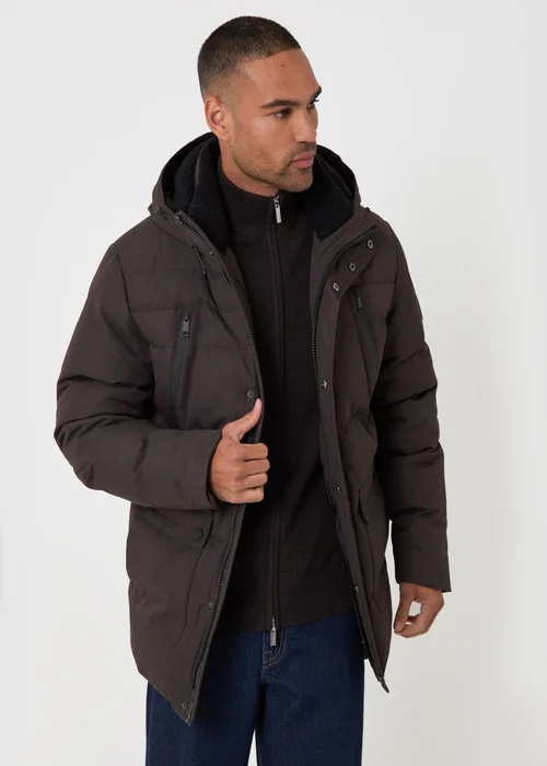 Threadbare Showerproof Hooded Puffer Coat with Borg Lined Hood in Chocolate Brown - M Image 1