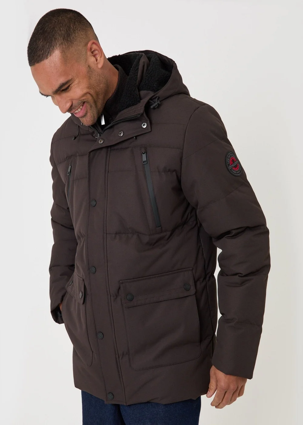 Threadbare Showerproof Hooded Puffer Coat with Borg Lined Hood in Chocolate Brown - M Image 3