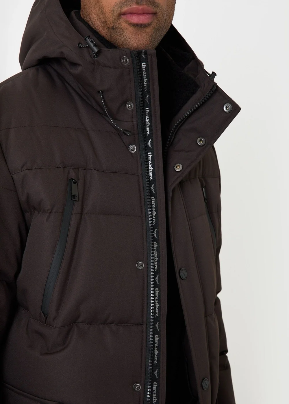 Threadbare Showerproof Hooded Puffer Coat with Borg Lined Hood in Chocolate Brown - M Image 2