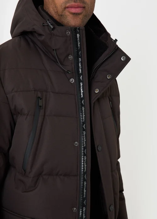 Threadbare Showerproof Hooded Puffer Coat with Borg Lined Hood in Chocolate Brown - M Image 2