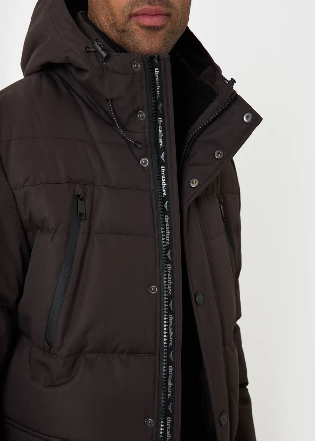 Threadbare Showerproof Hooded Puffer Coat with Borg Lined Hood in Chocolate Brown