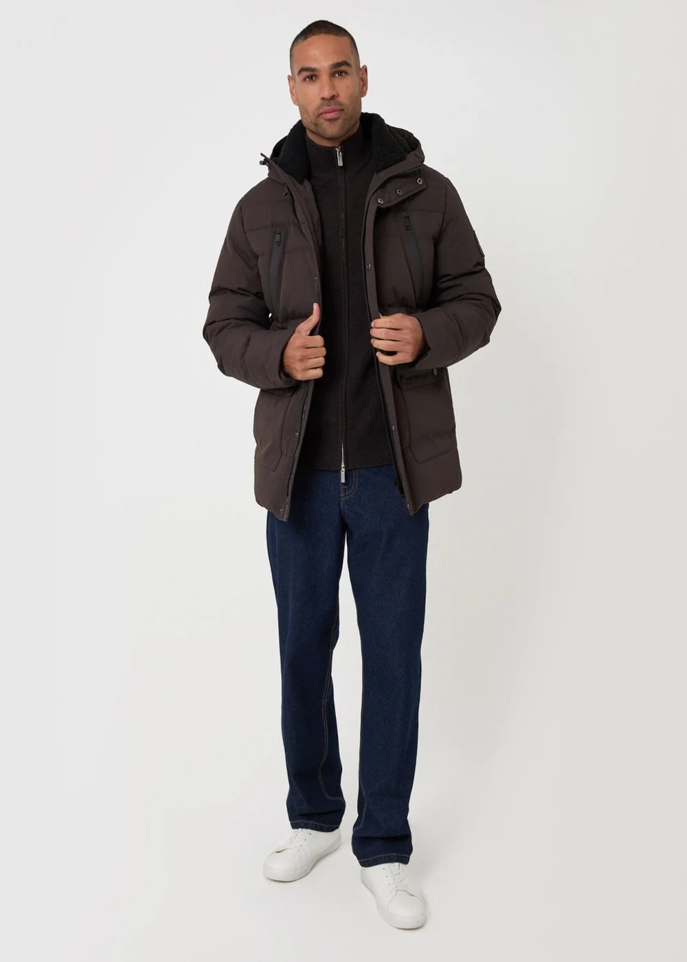 Threadbare Showerproof Hooded Puffer Coat with Borg Lined Hood in Chocolate Brown - M Image 5