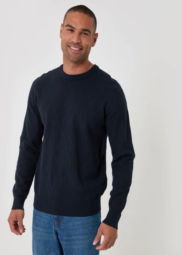 Threadbare Diamond Textured Crew Neck Jumper in Navy