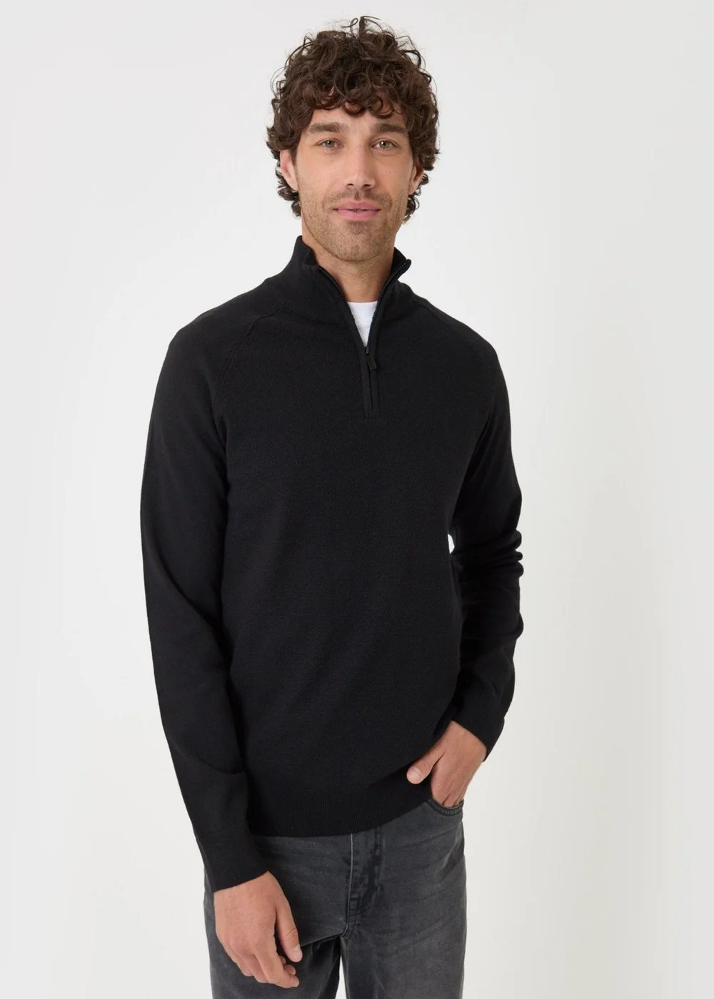Threadbare Cotton Rich Textured Quarter Zip Jumper in Black - M Image 1