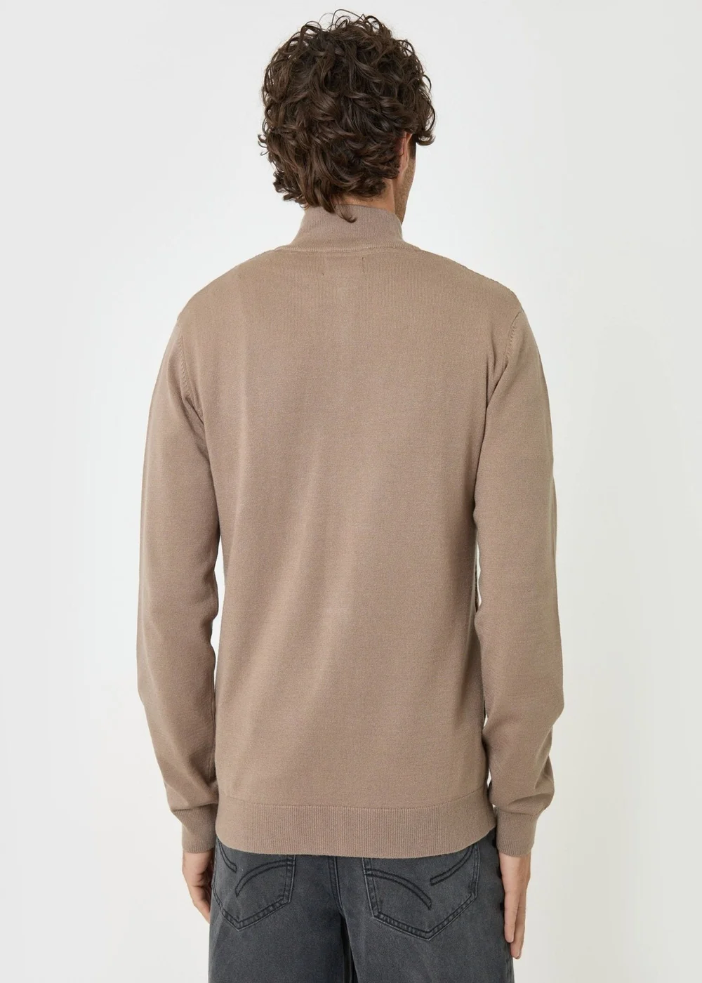 Threadbare Diamond Cable Knit Quarter Zip Jumper in Taupe - M Image 2