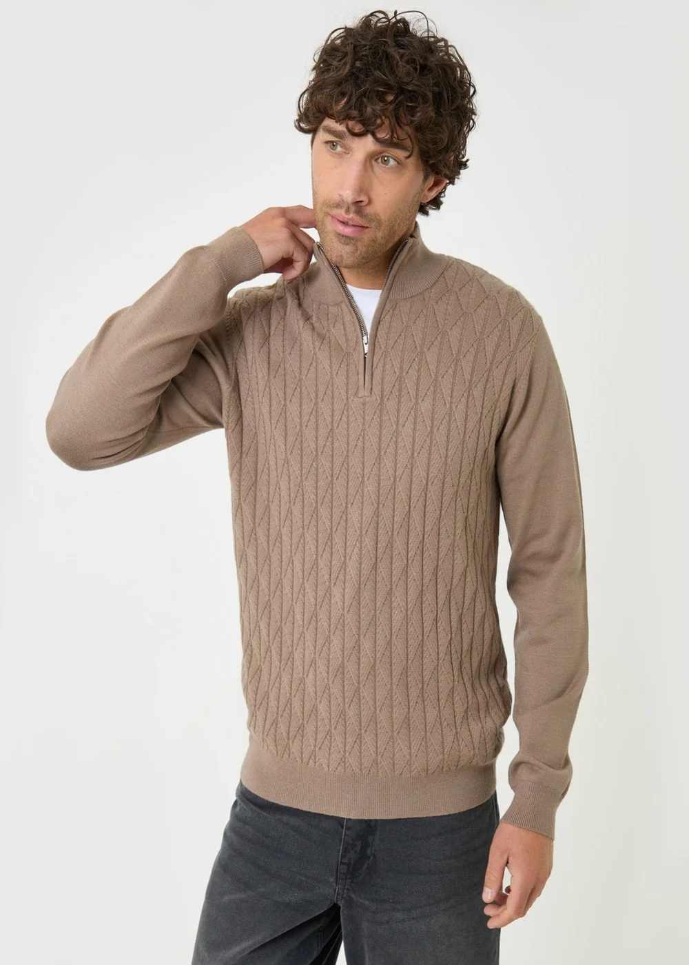 Threadbare Diamond Cable Knit Quarter Zip Jumper in Taupe - M Image 1