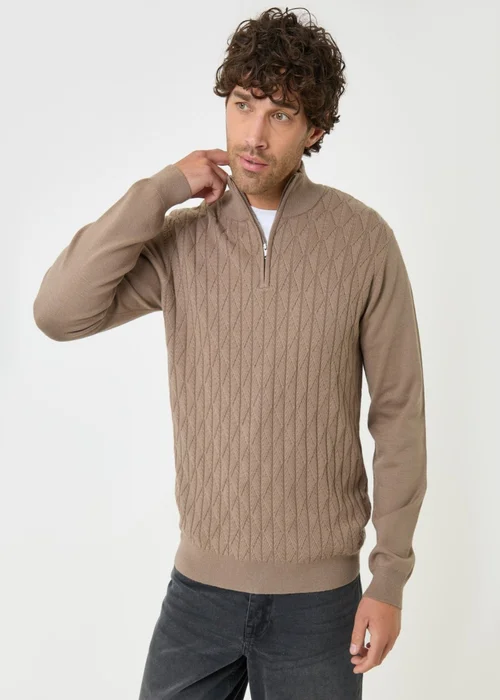 Threadbare Diamond Cable Knit Quarter Zip Jumper in Taupe - M Image 1