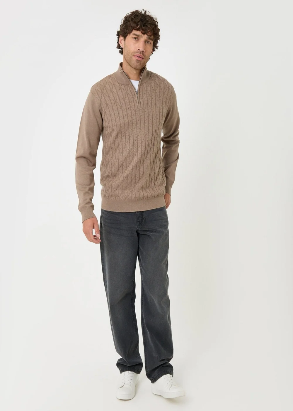 Threadbare Diamond Cable Knit Quarter Zip Jumper in Taupe - M Image 3