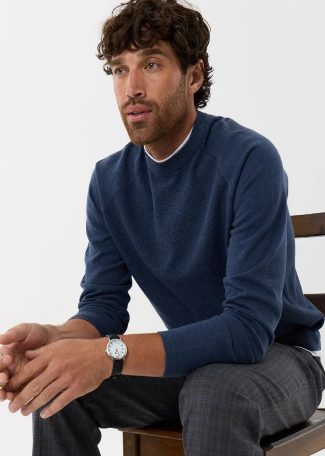 Threadbare Mock Tee Textured Knit Crew Neck Jumper Denim Blue