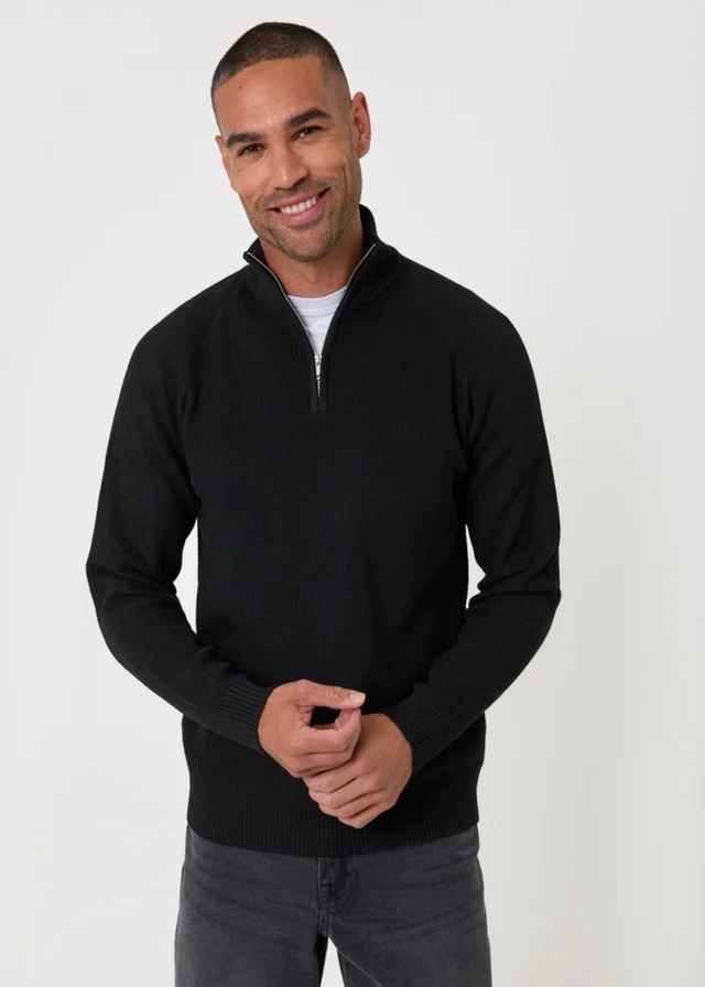 Threadbare Funnel Neck Quarter Zip Jumper in Black