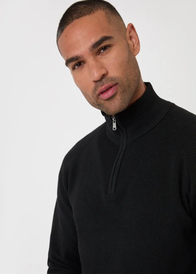 Threadbare Funnel Neck Quarter Zip Jumper in Black