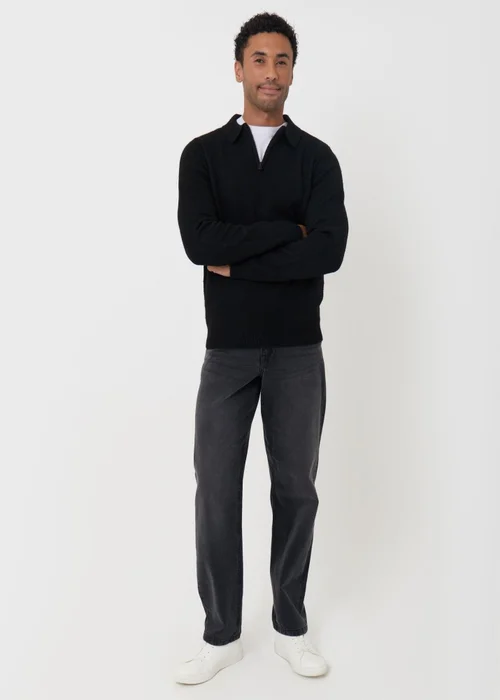 Threadbare Faux Wool Quarter Zip Polo in Black - XL Image 3