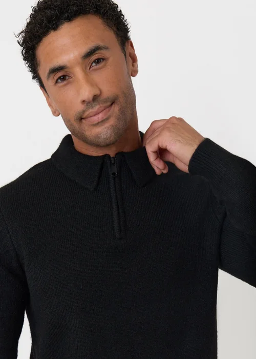 Threadbare Faux Wool Quarter Zip Polo in Black - XL Image 4