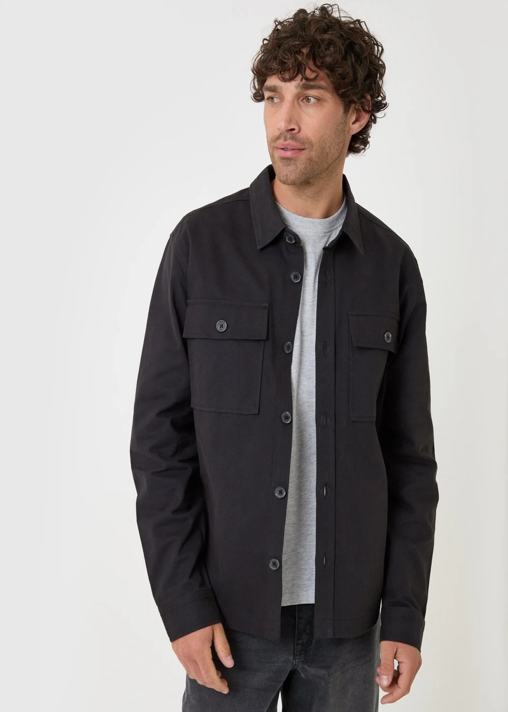 Threadbare Curved Hem Cotton Shacket in Black - 2XL Image 1