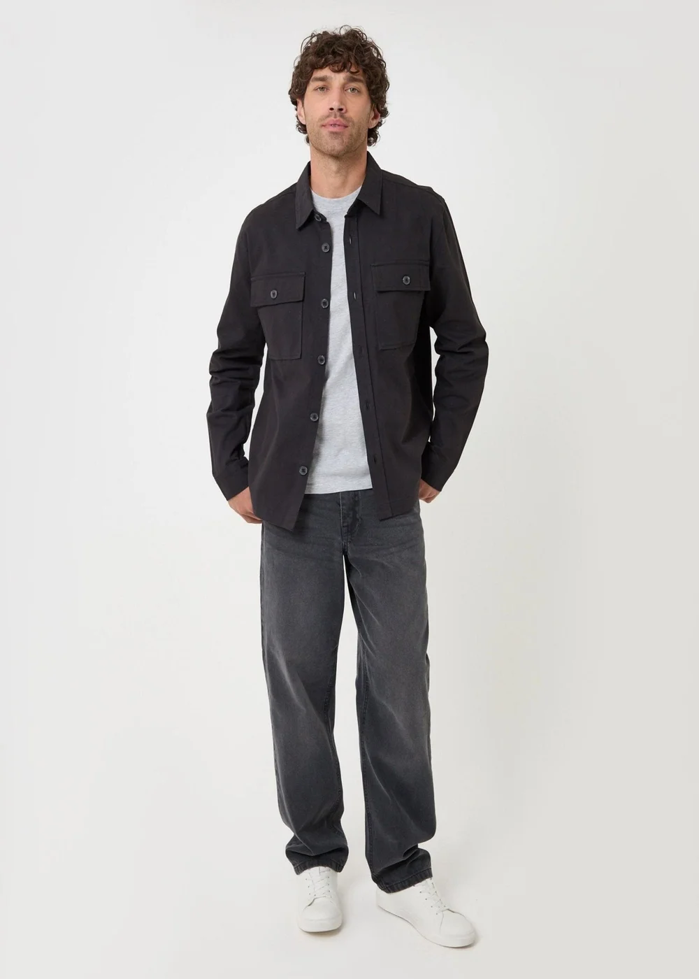 Threadbare Curved Hem Cotton Shacket in Black - 2XL Image 4