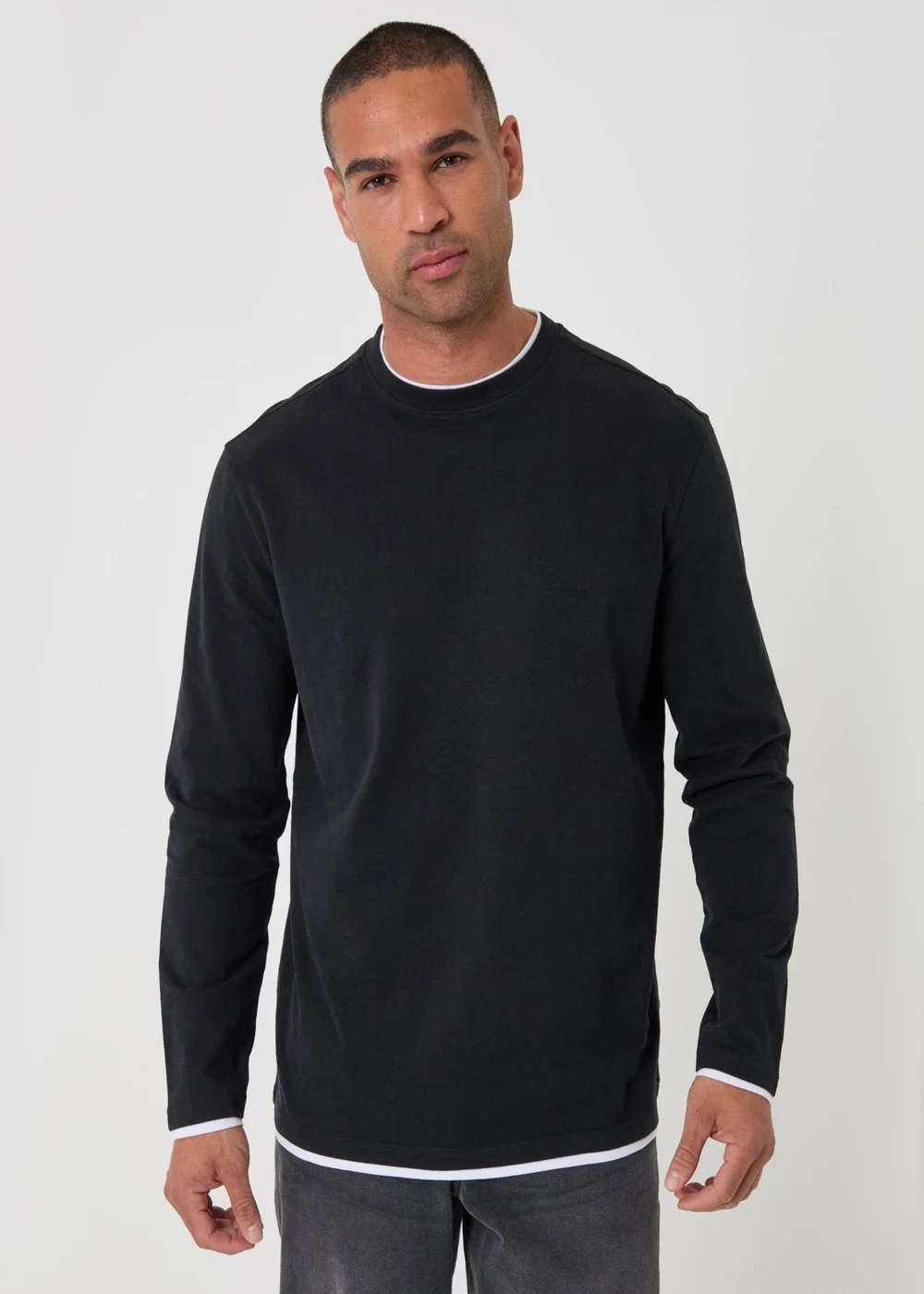 Threadbare Relaxed Fit Mock Layer Long Sleeve T-Shirt in Black - XL Image 1