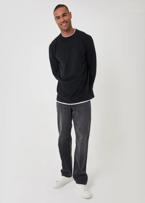 Threadbare Relaxed Fit Mock Layer Long Sleeve T-Shirt in Black - XL Image 3