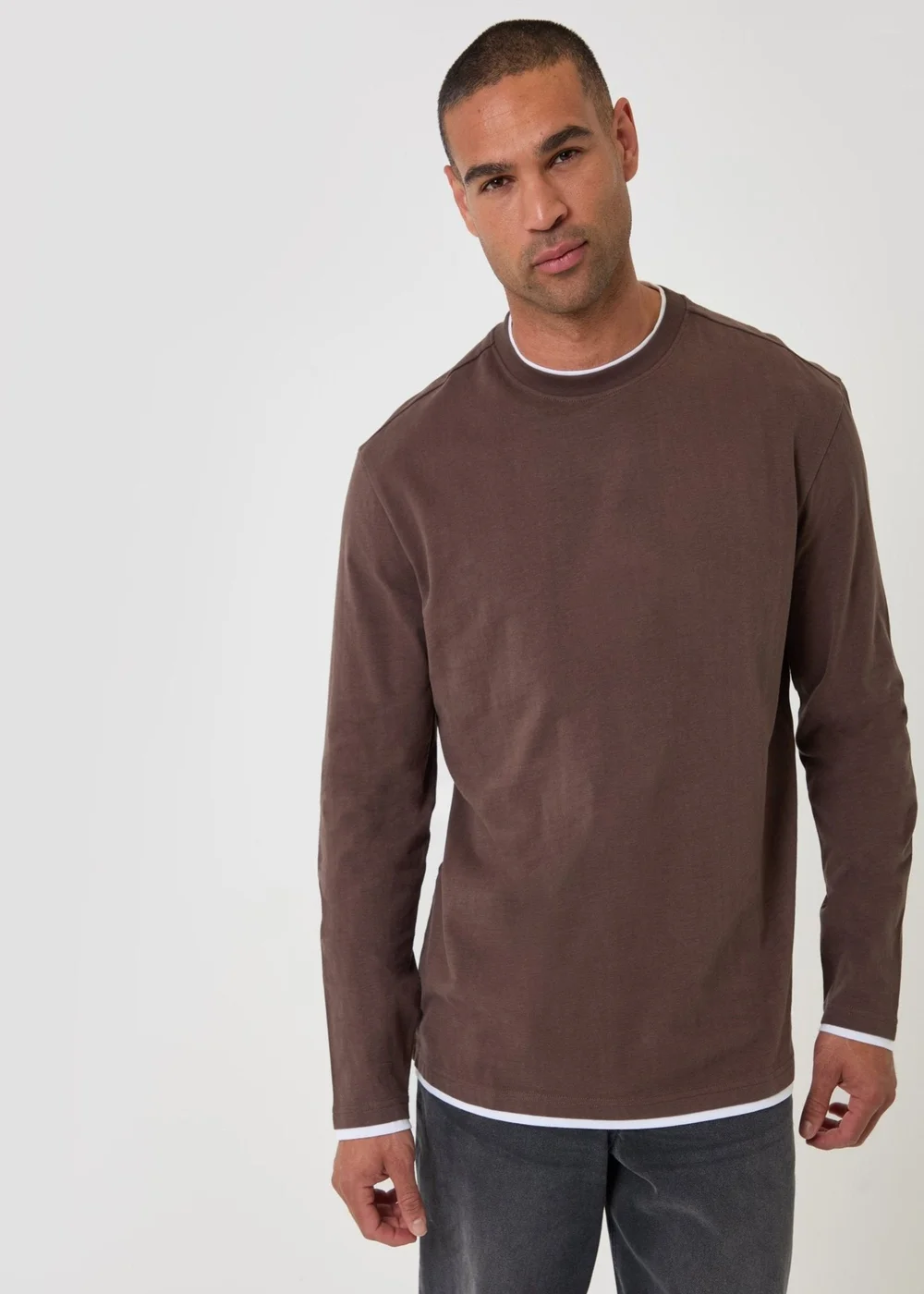 Threadbare Relaxed Fit Mock Layer Long Sleeve T-Shirt in Chocolate Brown - XL Image 1
