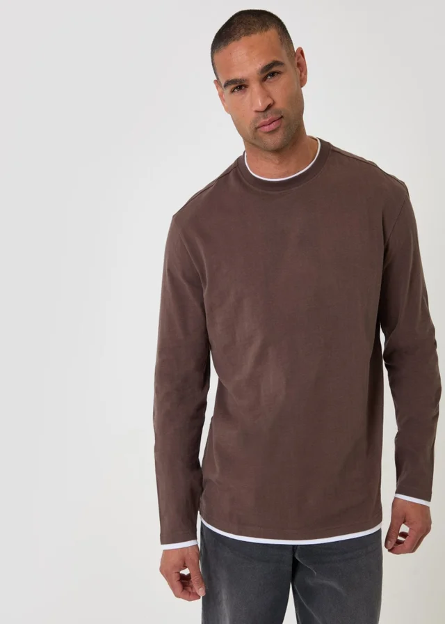 Threadbare Relaxed Fit Mock Layer Long Sleeve T-Shirt in Chocolate Brown