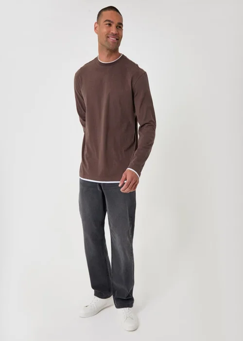 Threadbare Relaxed Fit Mock Layer Long Sleeve T-Shirt in Chocolate Brown - XL Image 3