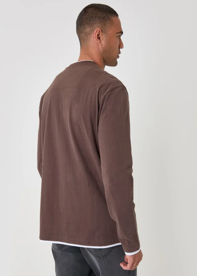 Threadbare Relaxed Fit Mock Layer Long Sleeve T-Shirt in Chocolate Brown