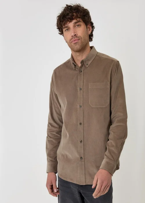 Threadbare Regular Fit Cotton Corduroy Shirt in Taupe - XL Image 1