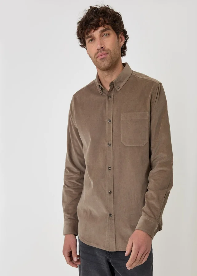 Threadbare Regular Fit Cotton Corduroy Shirt in Taupe