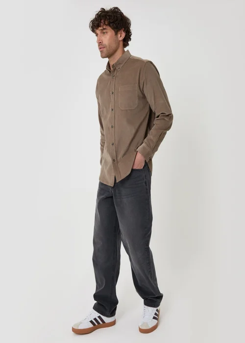 Threadbare Regular Fit Cotton Corduroy Shirt in Taupe - XL Image 4