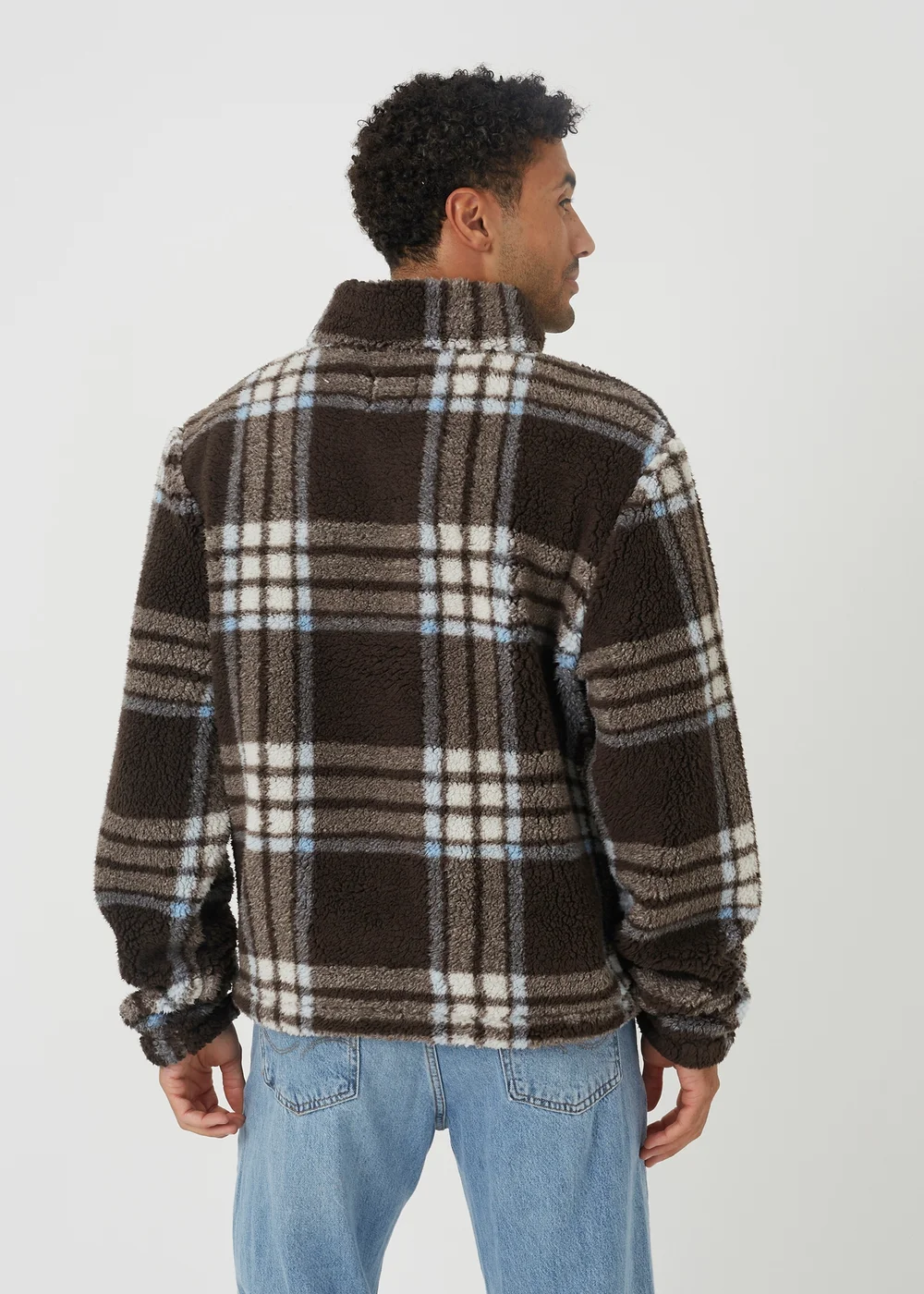 Brave Soul Brown Checked Quarter Zip Borg Fleece - 2XL Image 2