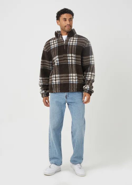 Brave Soul Brown Checked Quarter Zip Borg Fleece - 2XL Image 3