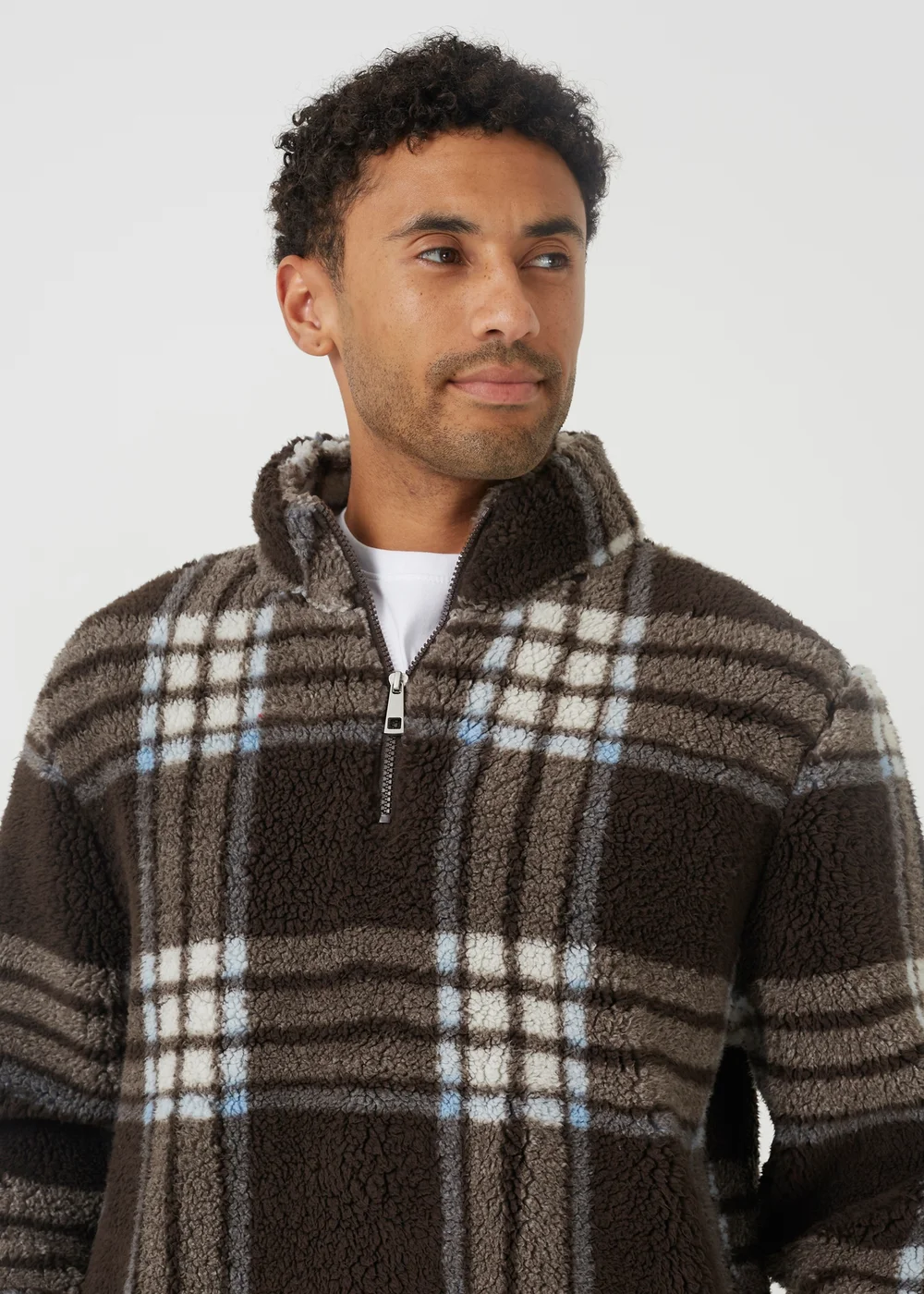 Brave Soul Brown Checked Quarter Zip Borg Fleece - 2XL Image 4