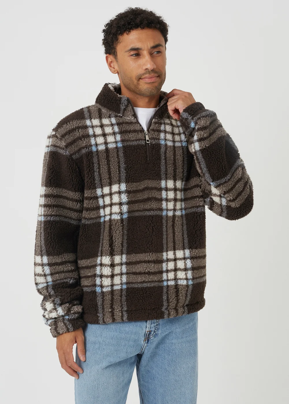 Brave Soul Brown Checked Quarter Zip Borg Fleece - 2XL Image 1