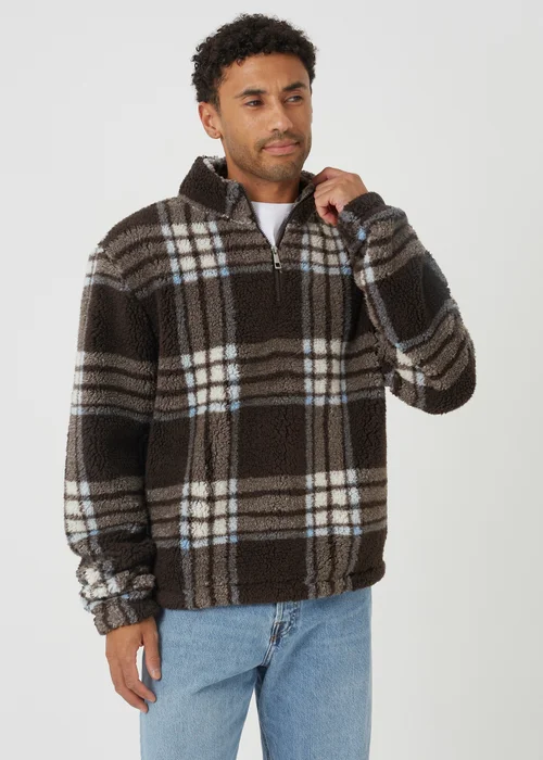 Brave Soul Brown Checked Quarter Zip Borg Fleece - 2XL Image 1