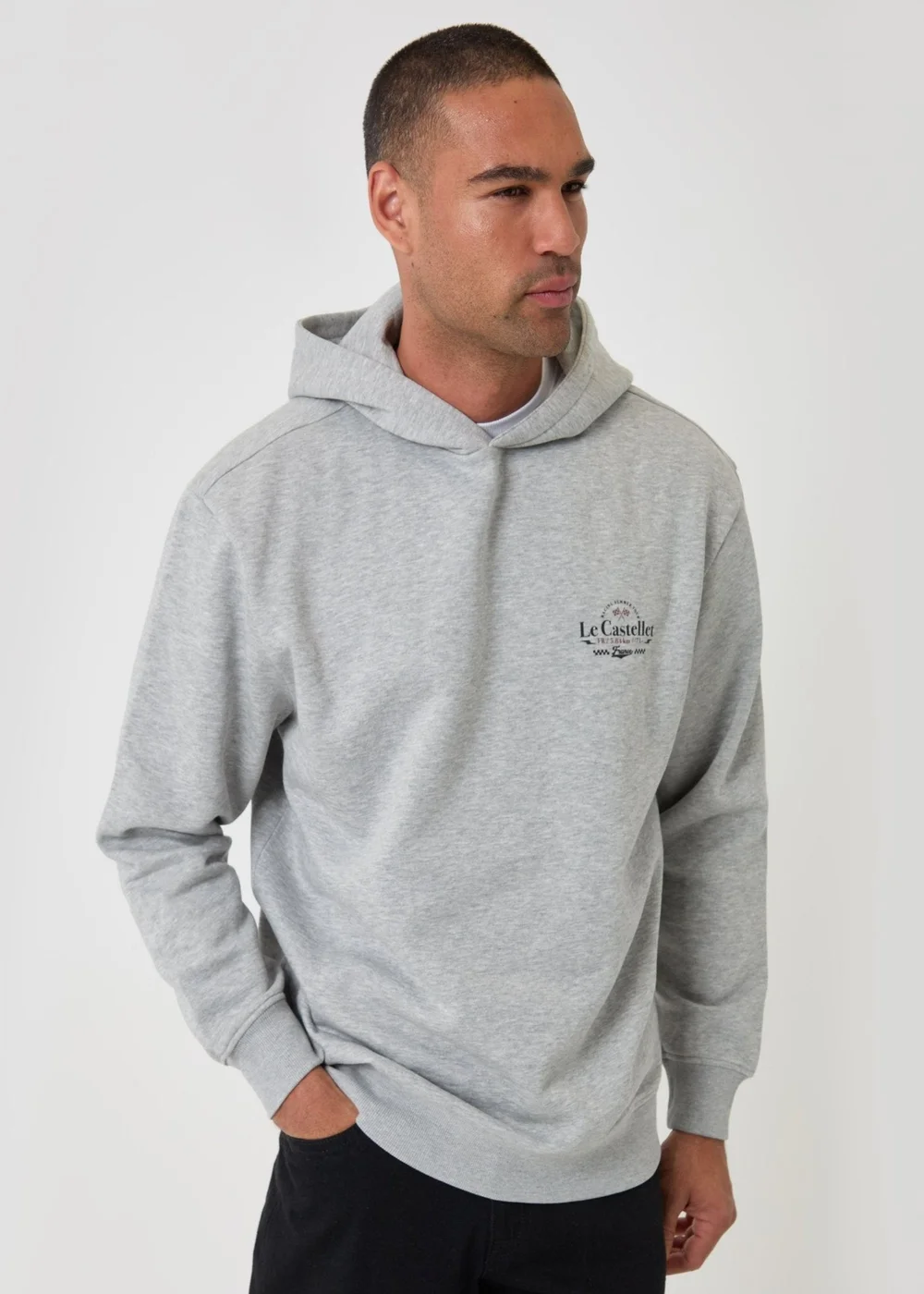 Threadbare Relaxed Fit Le Castellet Graphic Print Hoodie in Grey Marl - XL Image 2