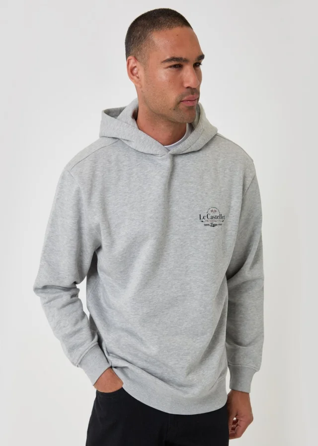 Threadbare Relaxed Fit Le Castellet Graphic Print Hoodie in Grey Marl