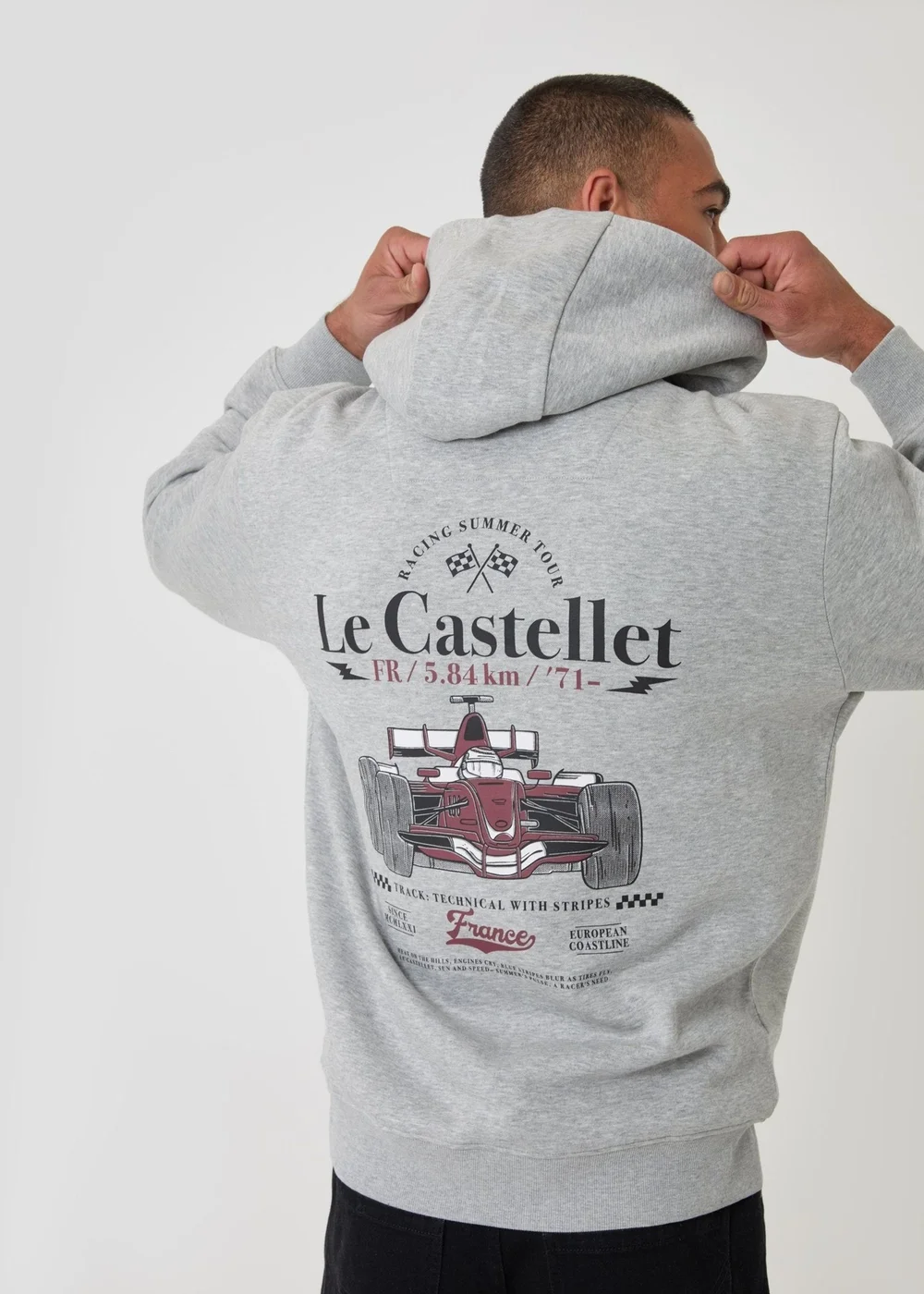 Threadbare Relaxed Fit Le Castellet Graphic Print Hoodie in Grey Marl - XL Image 1