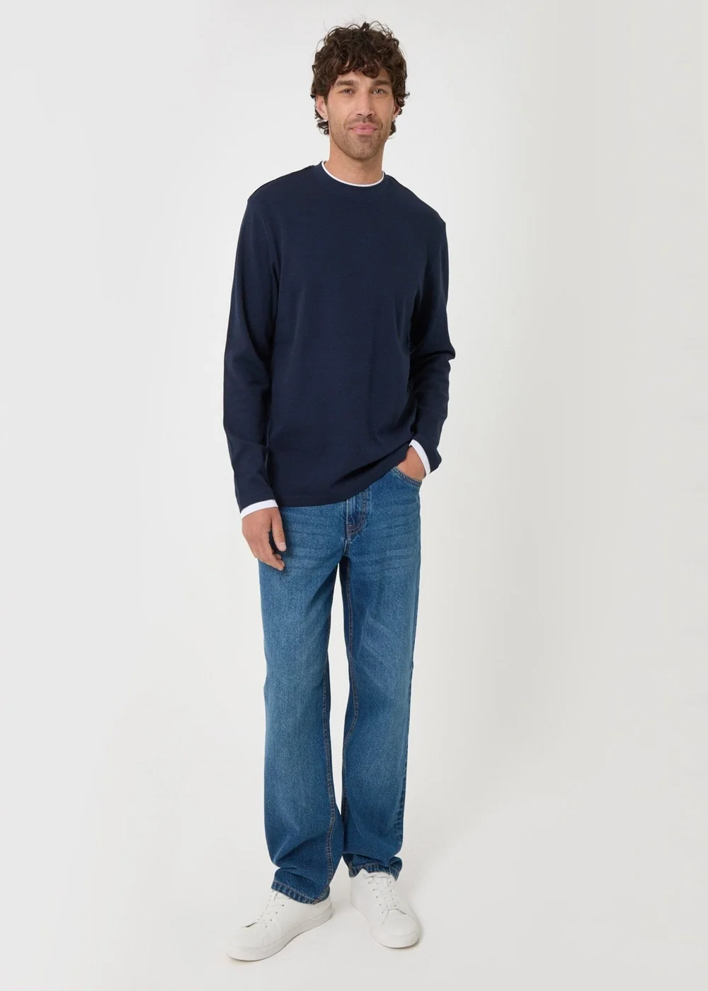 Threadbare Cotton Mock Layer Long Sleeve T-Shirt in Navy - S Image 4