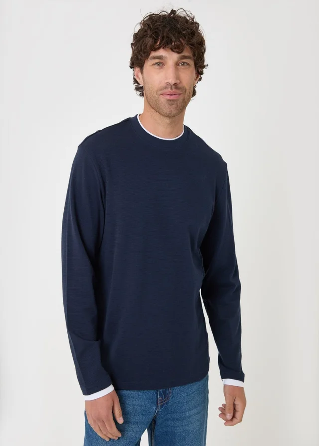 Threadbare Cotton Mock Layer Long Sleeve T-Shirt in Navy