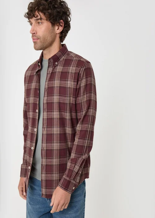 Threadbare Brushed Cotton Flannel Shirt in Burgundy Check - M Image 1